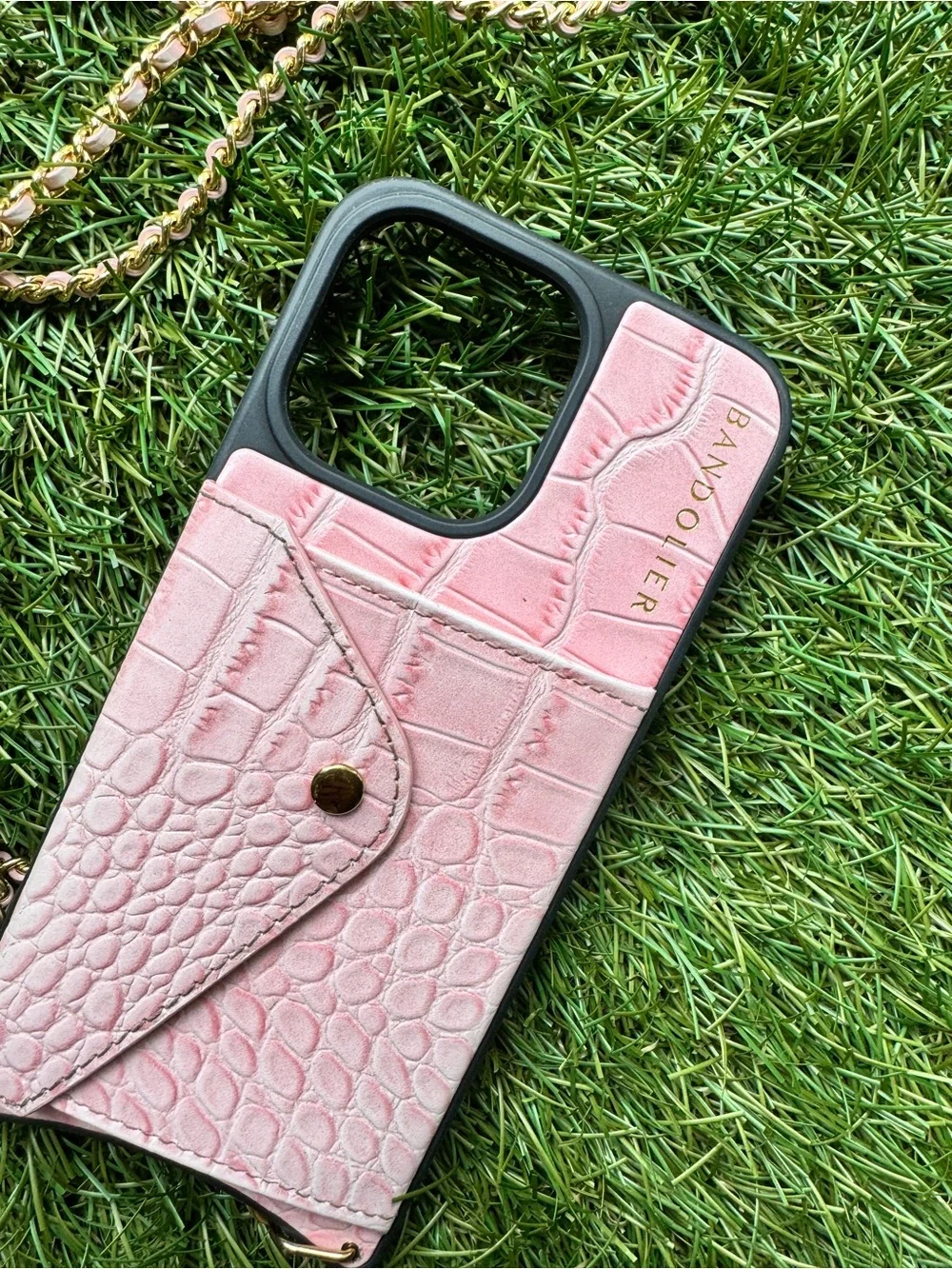 Bandolier Pink Croc iPhone 15 Pro max Phone Crossbody Case with Chain Strap